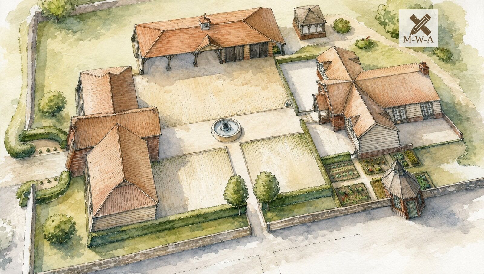Watercolour aerial of a private residence at Beaulieu