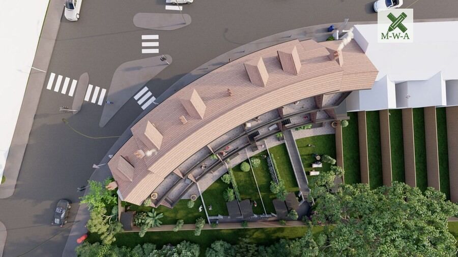 Aerial render of the arcing terrace at George Street