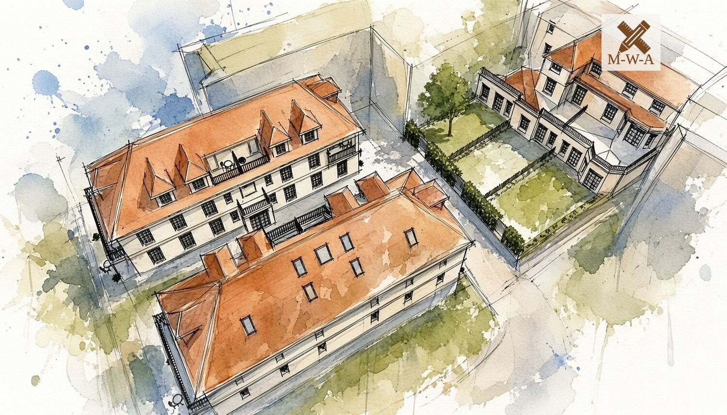 Watercolour aerial of 75–77 London Street, a Grade II listed townhouse