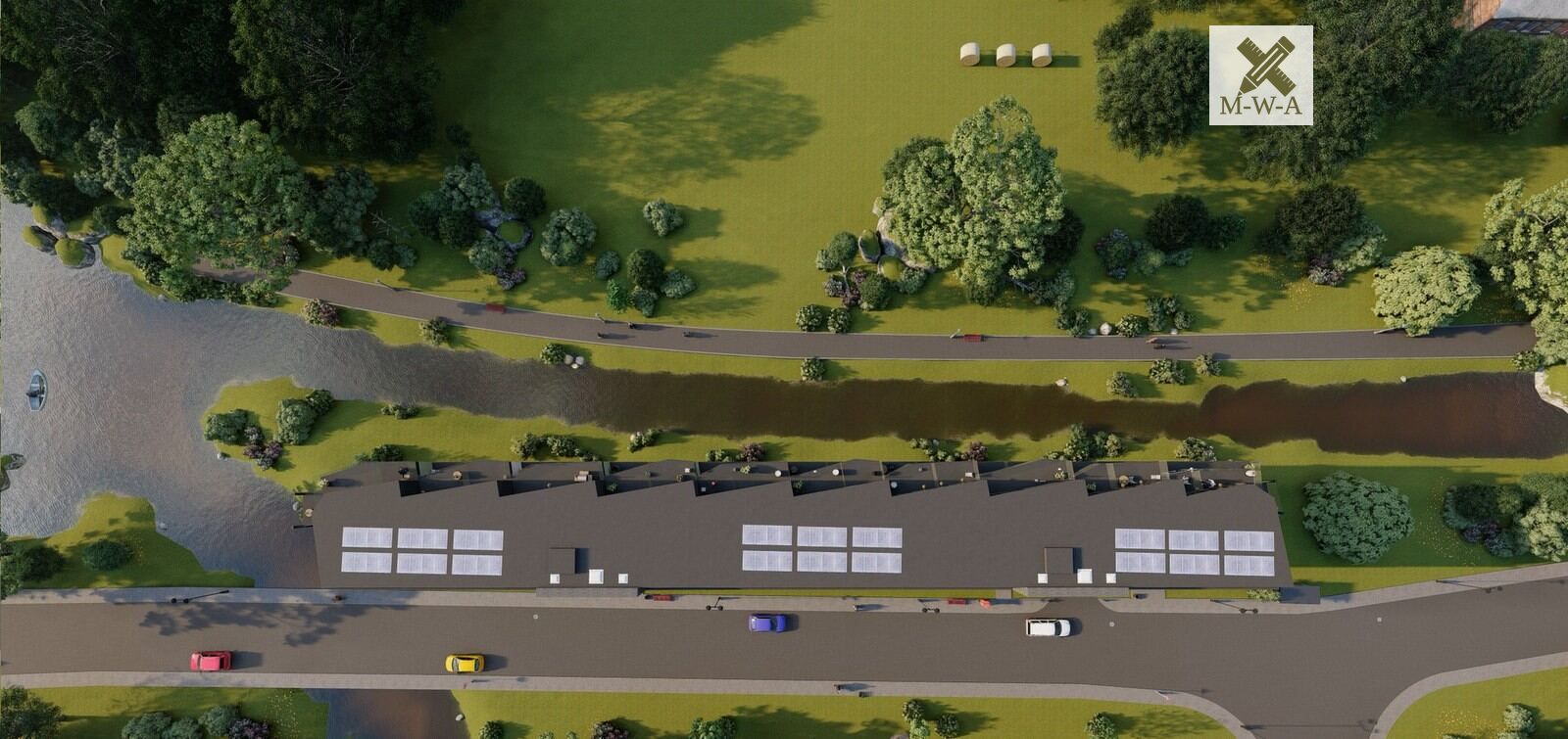 Aerial view of Stafferton Way beside the canal